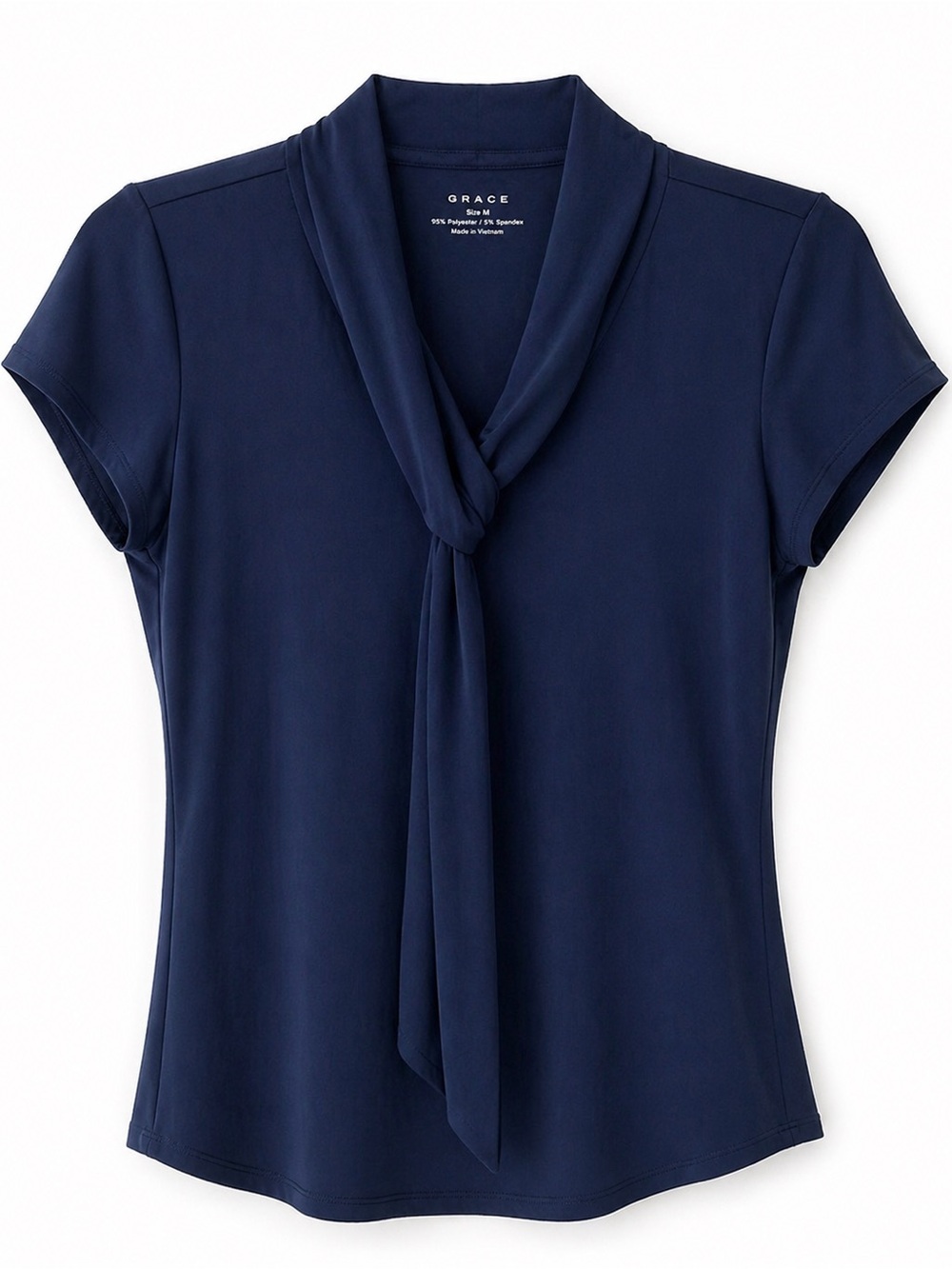Grace Blouse Medium Tie Neck Stretch Short Sleeve Navy
